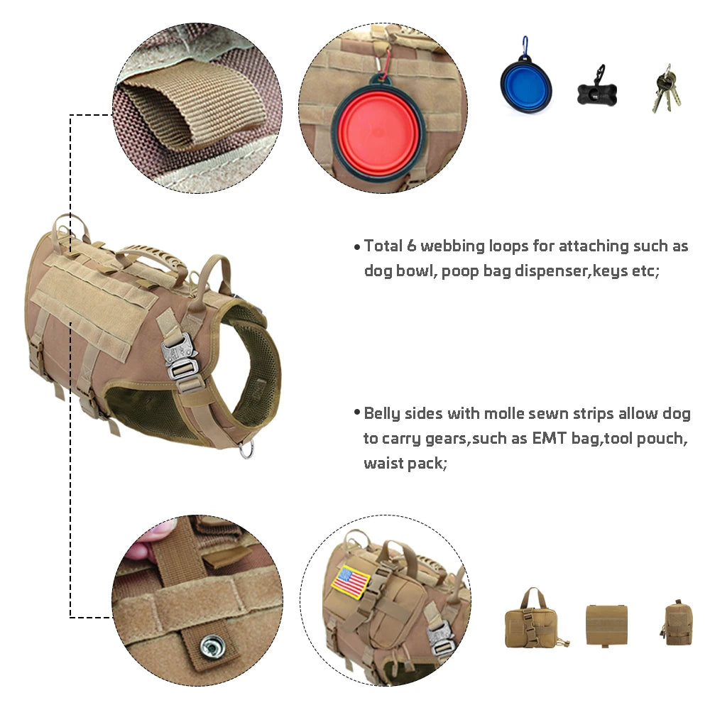 Tactical No-Pull Dog Harness with Molle & Pouches