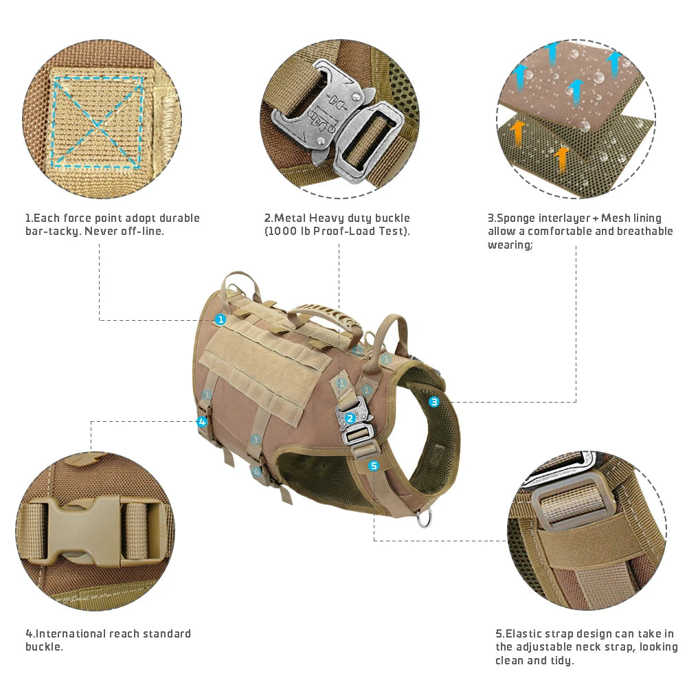 Tactical No-Pull Dog Harness with Molle & Pouches