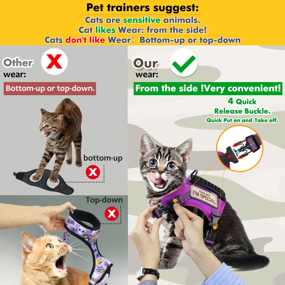 Adjustable Tactical Cat Harness & Leash Set – Breathable Mesh for Cats & Small Dogs