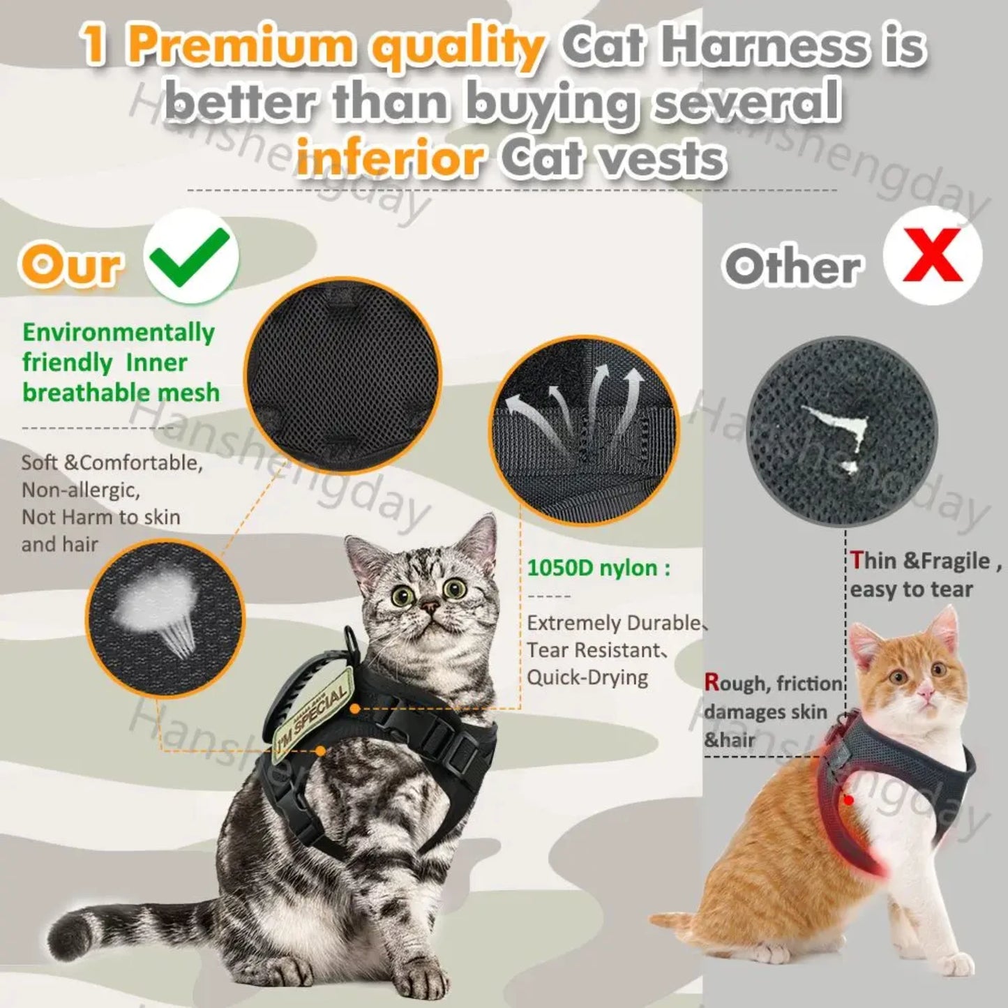 Adjustable Tactical Cat Harness & Leash Set – Breathable Mesh for Cats & Small Dogs